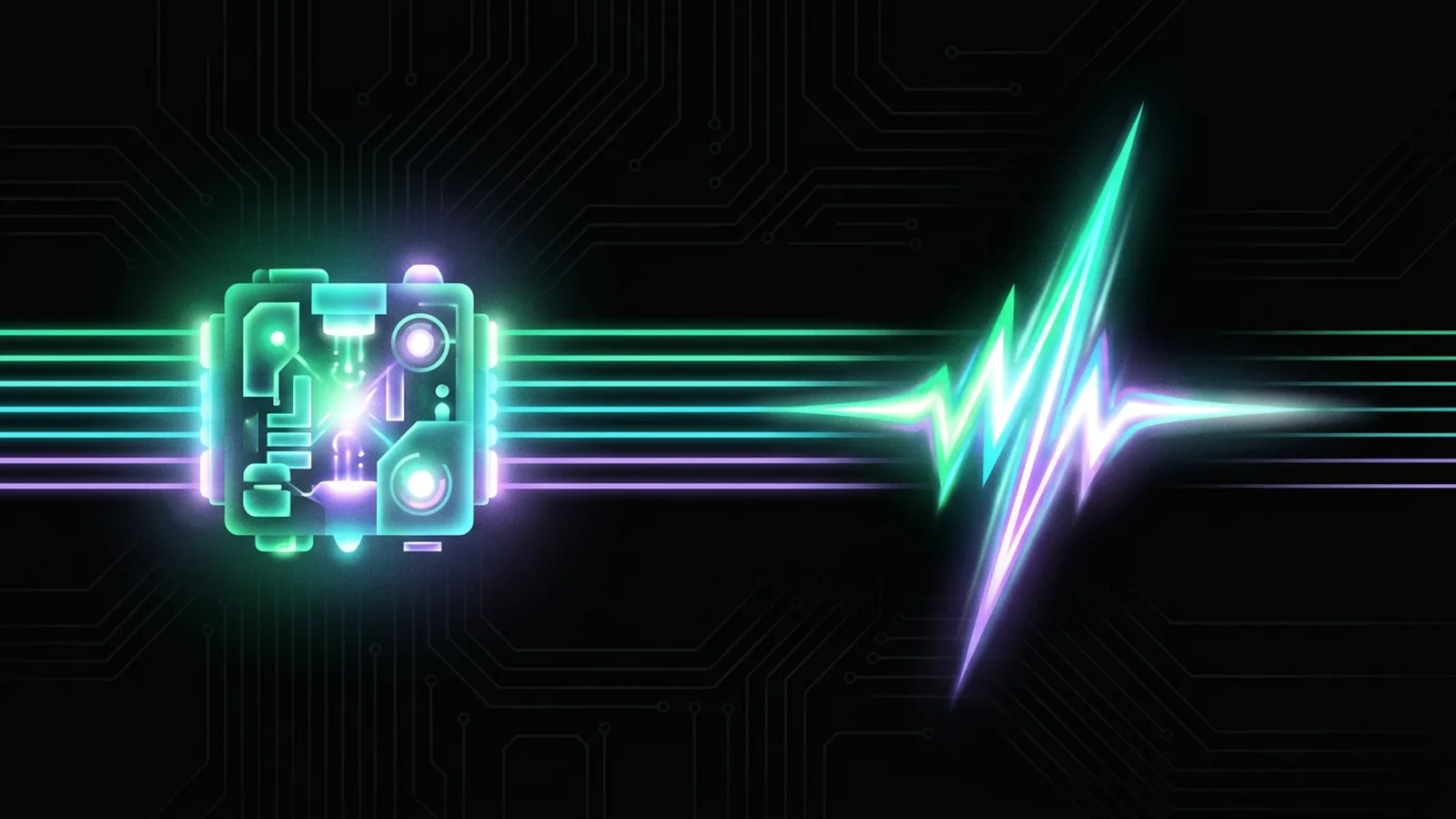 A compact glowing machine with many steady parallel streams, beside a single flashy spike of light that fades
