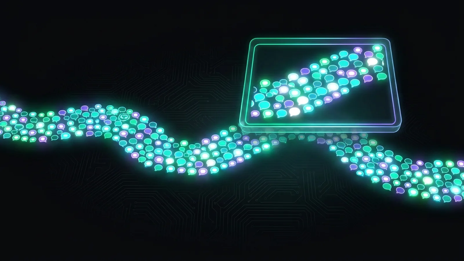 A long river of small bubble shapes of light, with one section enclosed in a glowing frame and lifted out