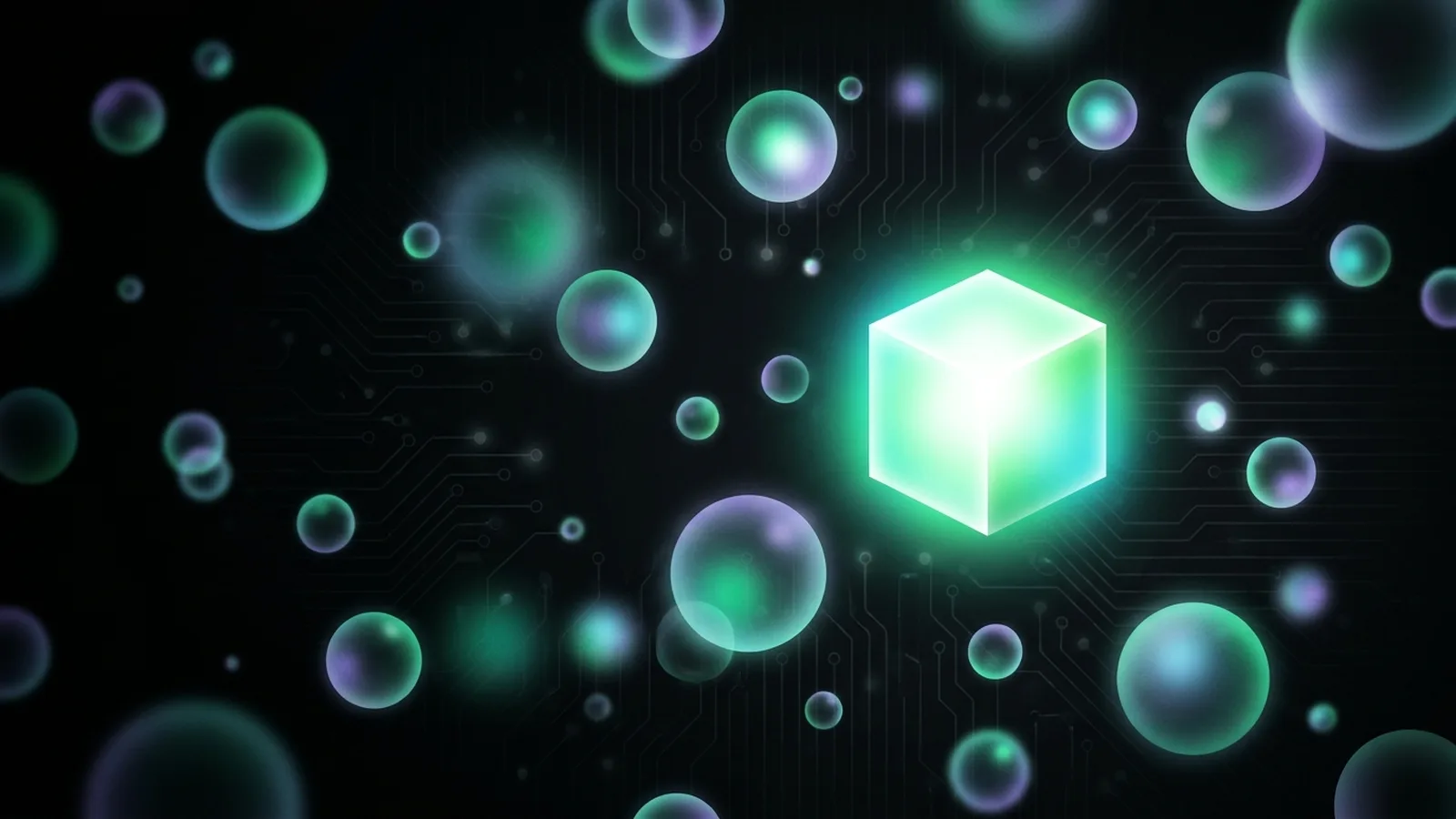 Many soft dim bubbles of light around one solid bright cube, clearly different in weight