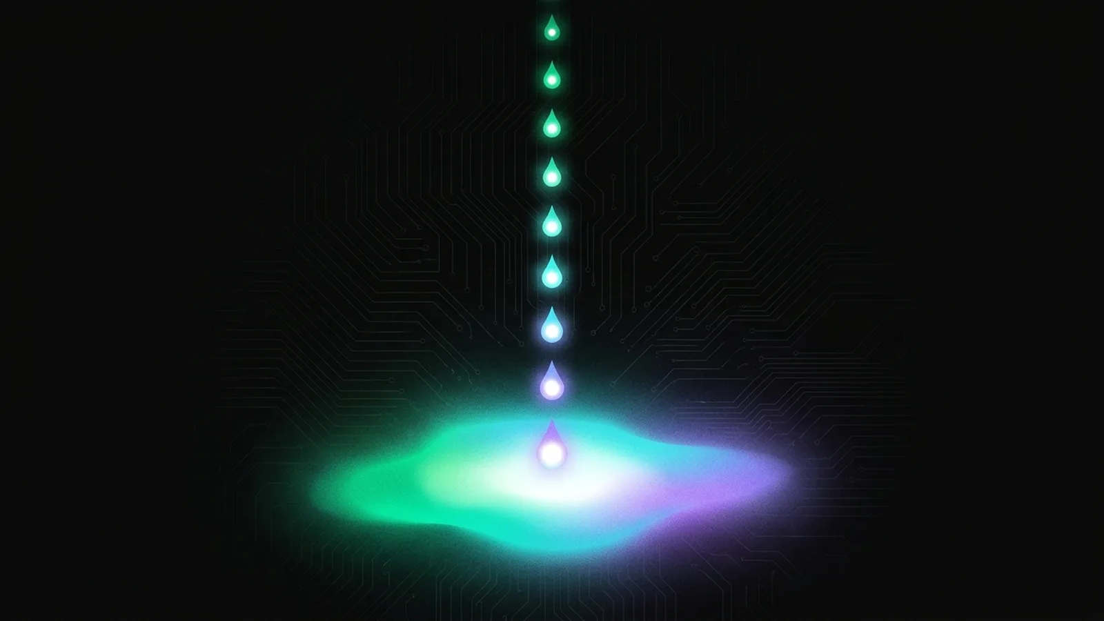Small droplets of light fall one at a time into a steadily growing glowing reservoir