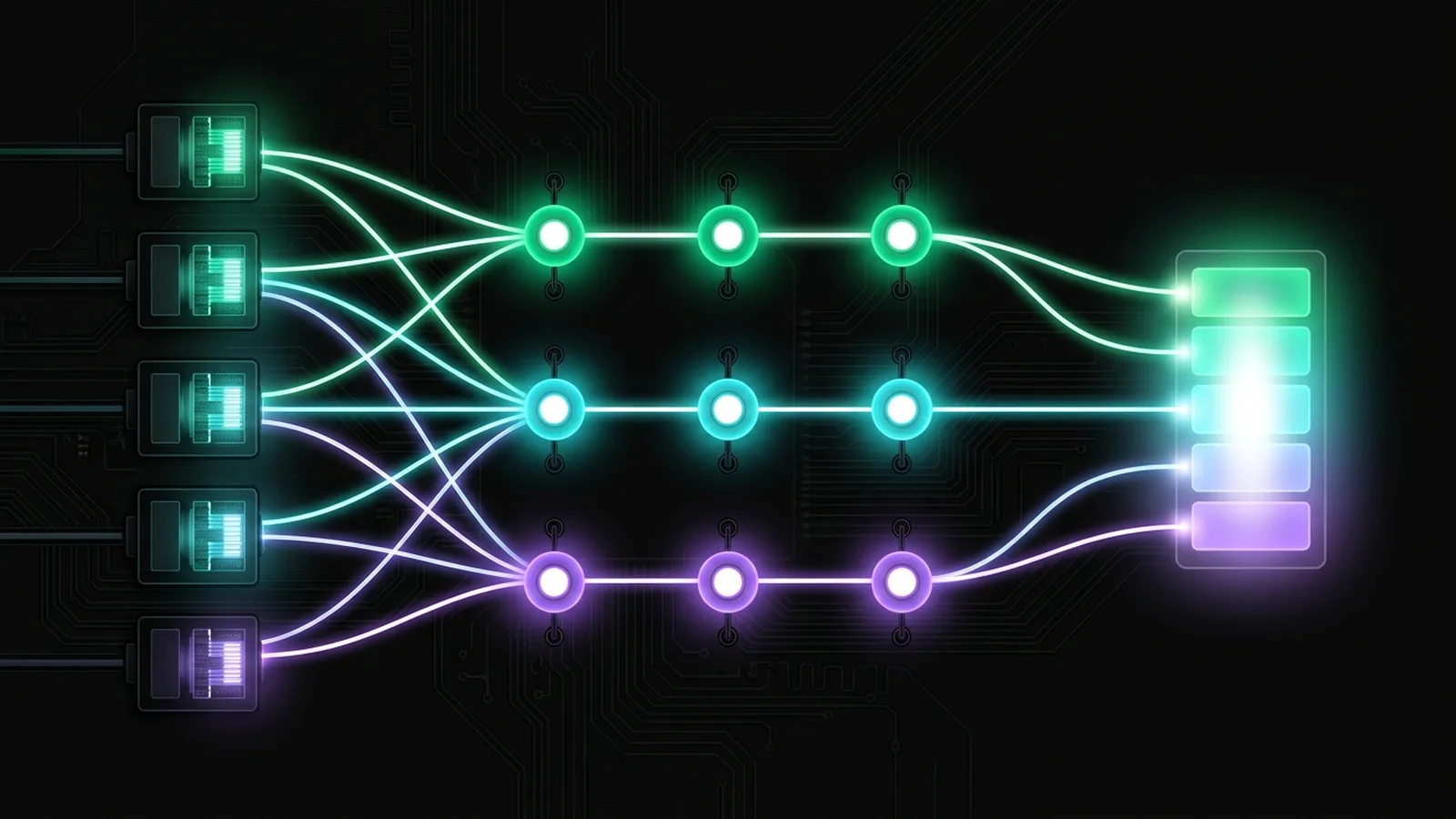 An answer panel with threads to source blocks, each thread passing through a small checking ring that lights up