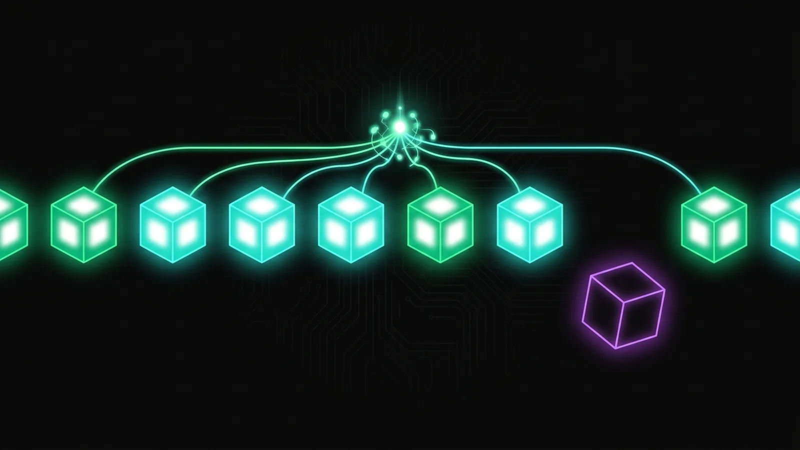 A row of glowing blocks each tethered to a source, with one floating loose and outlined in a warning glow