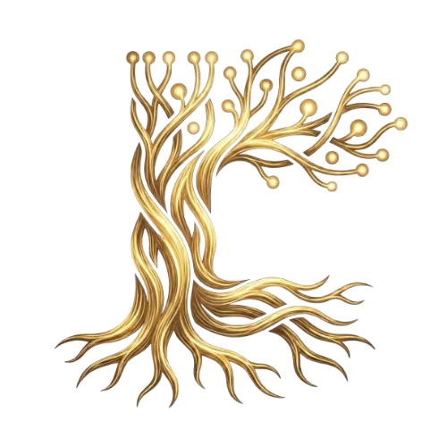 Gold tree emblem with circuit style branches, the Dendro Logic logo