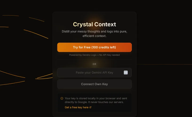 Crystal Context app landing screen with a Try for Free button