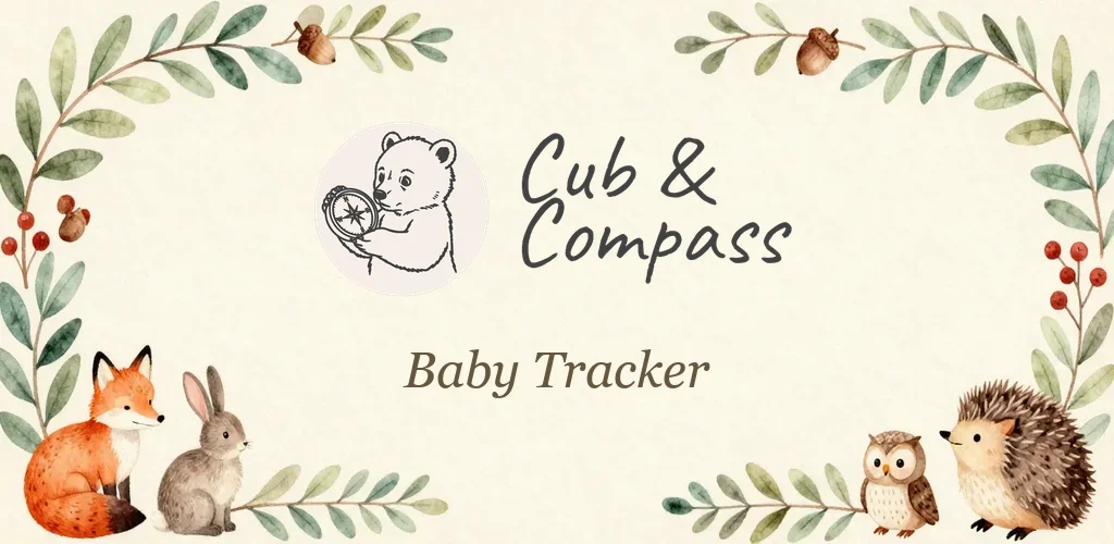 Cub & Compass Baby Tracker banner with a bear holding a compass, framed by watercolour woodland animals
