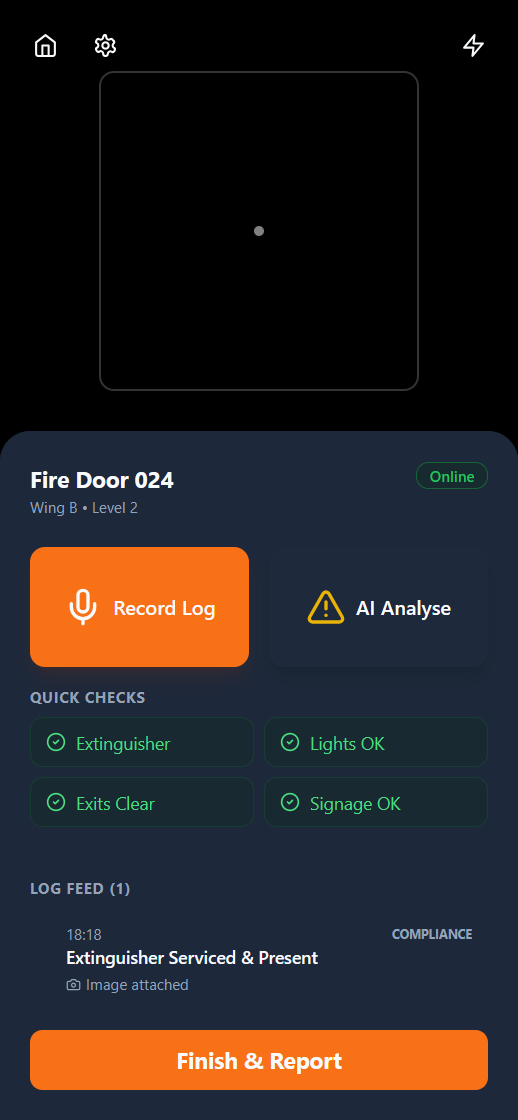 CoreThread mobile screen for Fire Door 024 with Record Log, AI Analyse, quick checks and a log feed