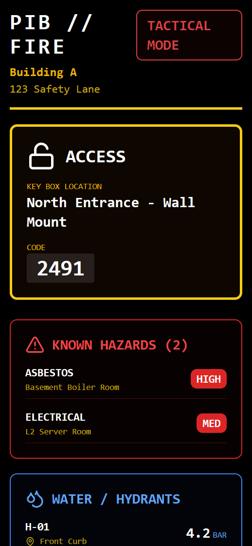 CoreThread PIB Fire tactical mode screen showing key box access code, known hazards and hydrant water supply