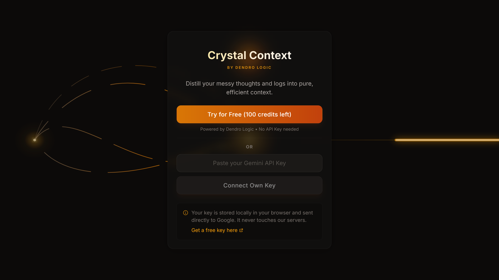 Crystal Context by Dendro Logic sign in screen offering a free trial or a Gemini API key