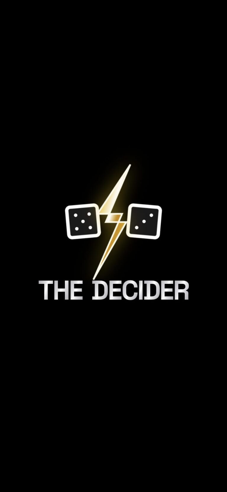 The Decider app logo, two dice either side of a gold lightning bolt