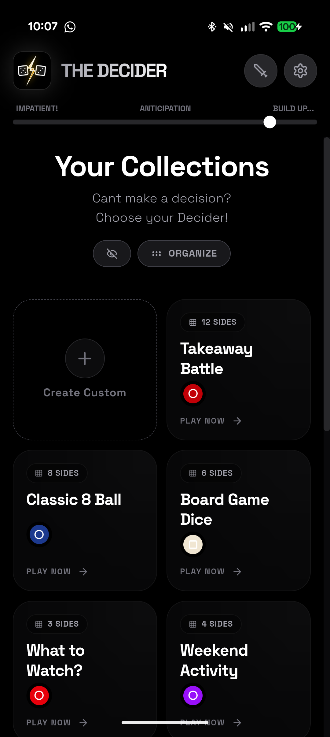 The Decider app Your Collections screen listing dice sets such as Takeaway Battle and Classic 8 Ball