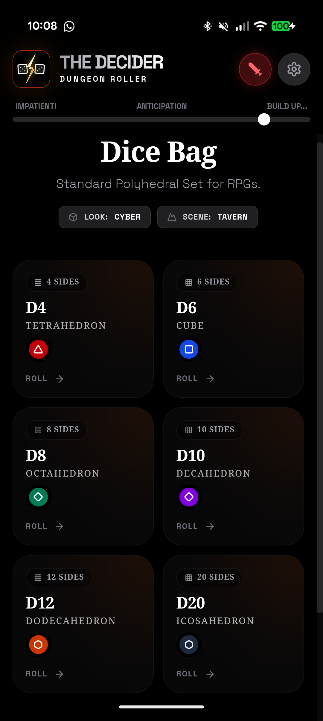 The Decider Dungeon Roller Dice Bag screen showing D4, D6, D8, D10, D12 and D20 role playing dice