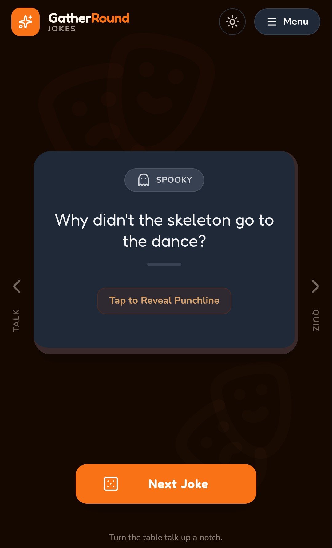 GatherRound Jokes screen with a spooky skeleton joke and a Tap to Reveal Punchline button