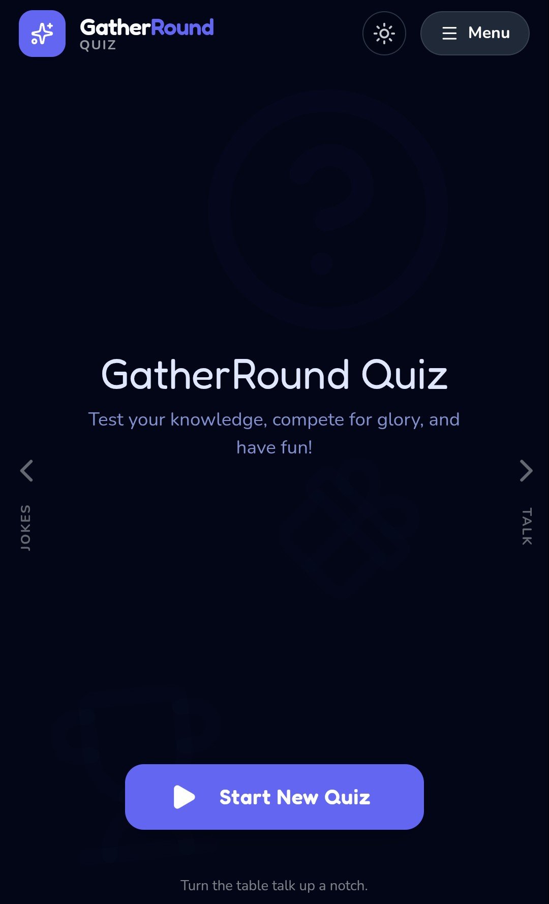 GatherRound Quiz start screen with a Start New Quiz button and the tagline Test your knowledge