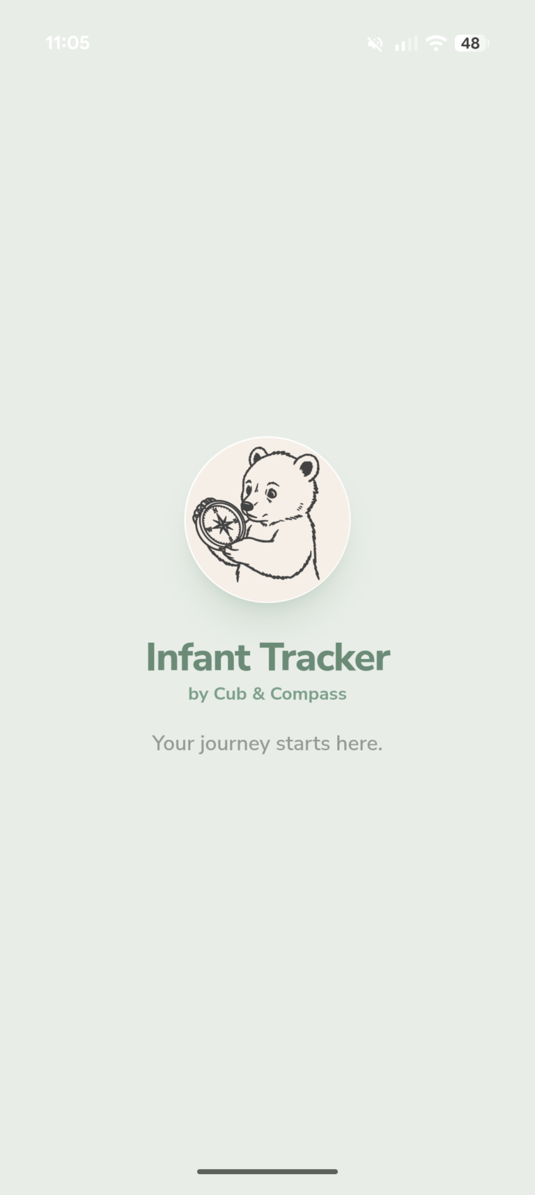 Infant Tracker by Cub and Compass app welcome screen with a bear and compass illustration
