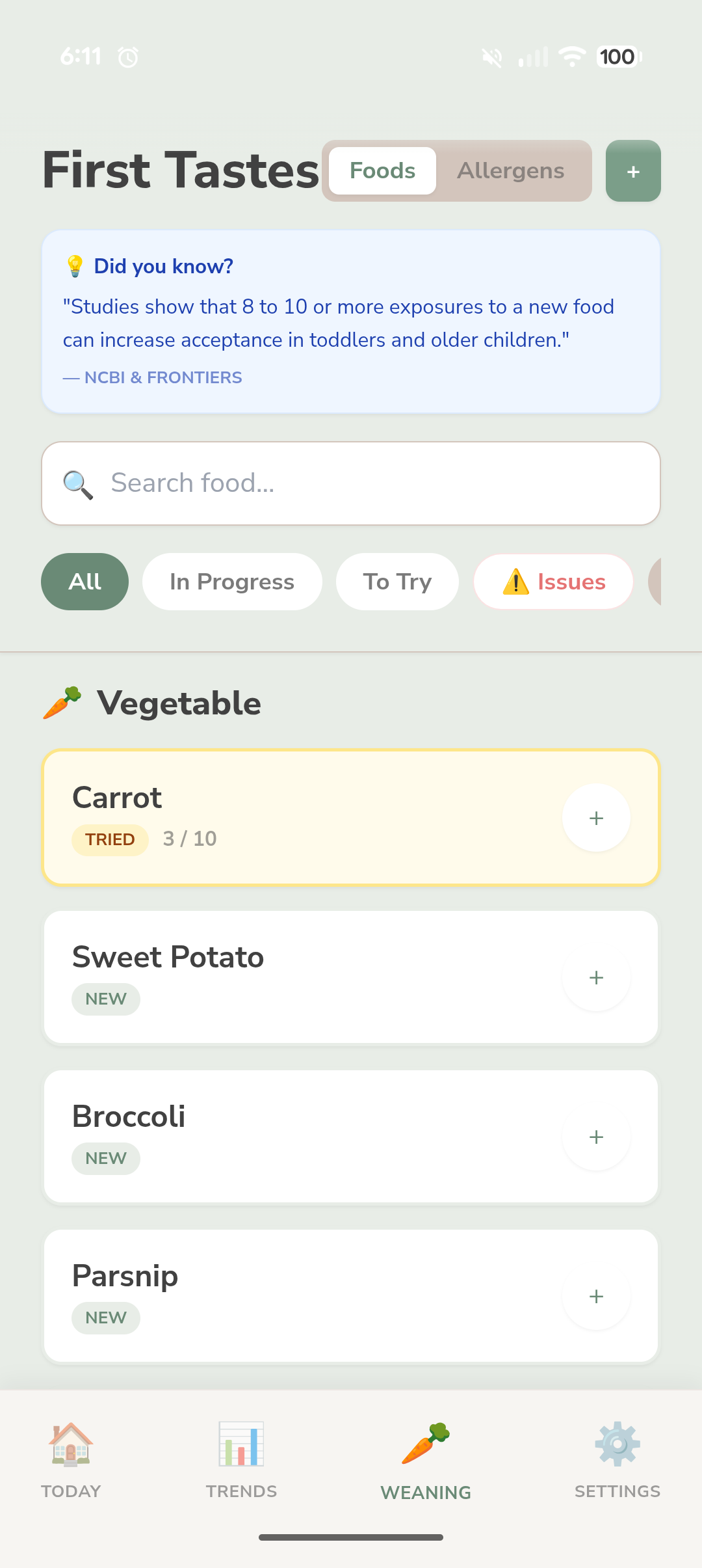 Cub and Compass Baby Tracker First Tastes weaning screen listing vegetables such as Carrot and Broccoli