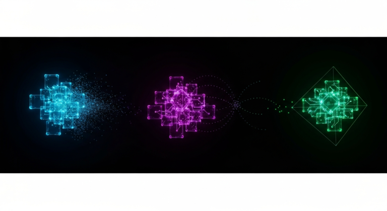 Three abstract glowing clusters representing amnesia, hallucinated endpoints, and tribal silos in AI-augmented engineering.