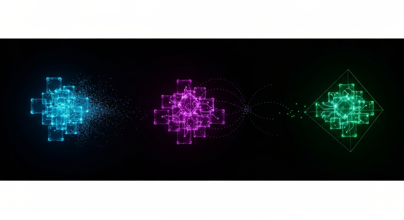 Three abstract glowing clusters representing amnesia, hallucinated endpoints, and tribal silos in AI-augmented engineering.