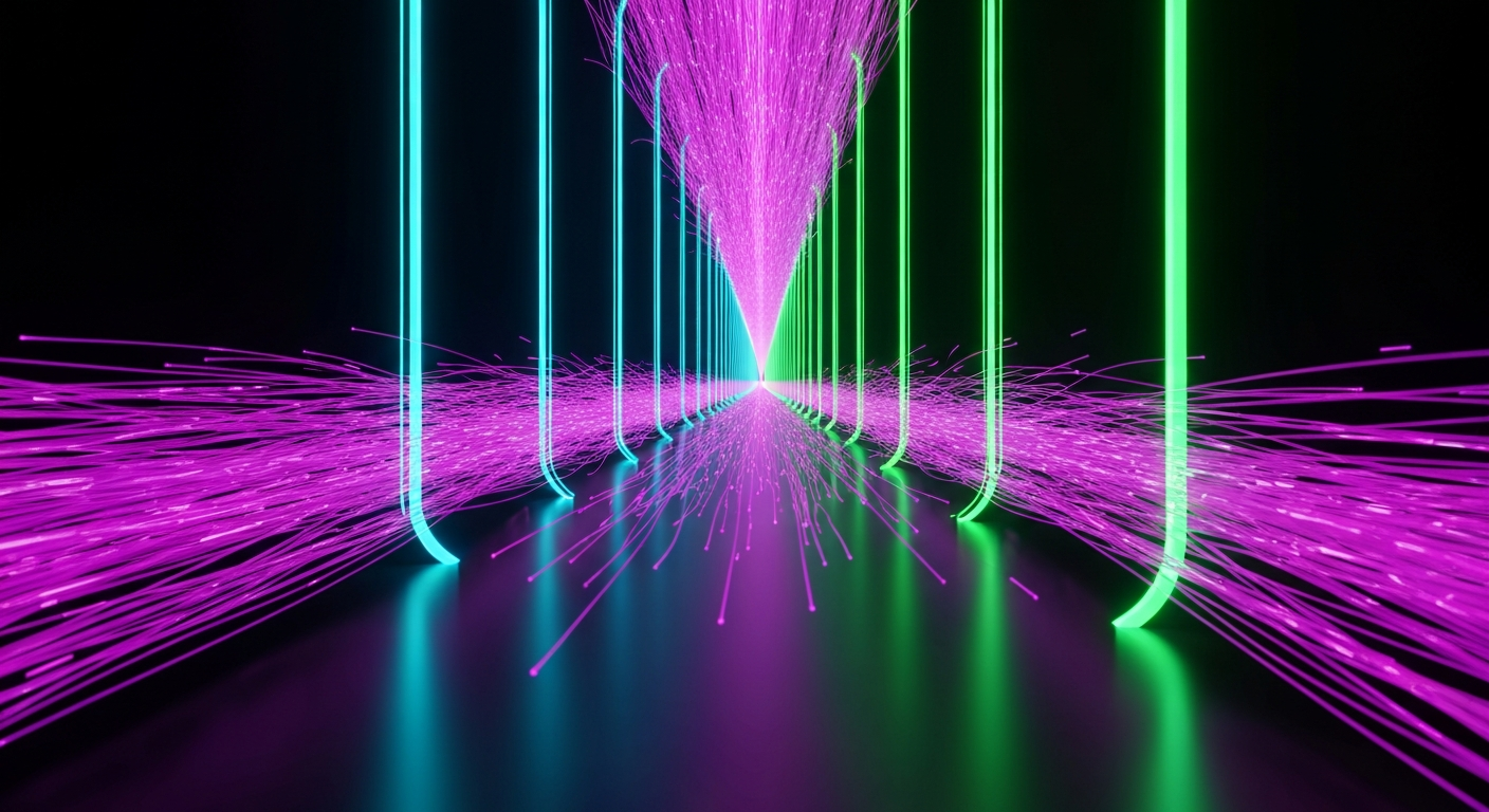 Magenta filaments flowing forward through three luminous neon gate-rings and converging into a single white-hot verdict point. Visual metaphor for the four-stop research pipeline.
