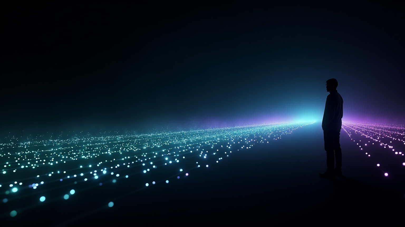 A solitary figure on the right of the frame, receiving an expanse of luminous threaded waypoints stretching from the far left, representing accumulated past sessions arriving at the present moment.