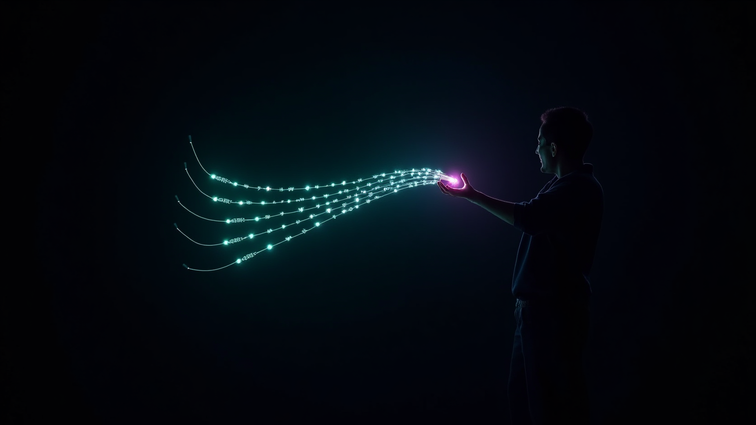 A silhouetted figure reaching out with one hand, drawing in multiple glowing line-threads, illustrating an agent invoking the breadcrumb's own retrieval query to pull the original exchange back into context.
