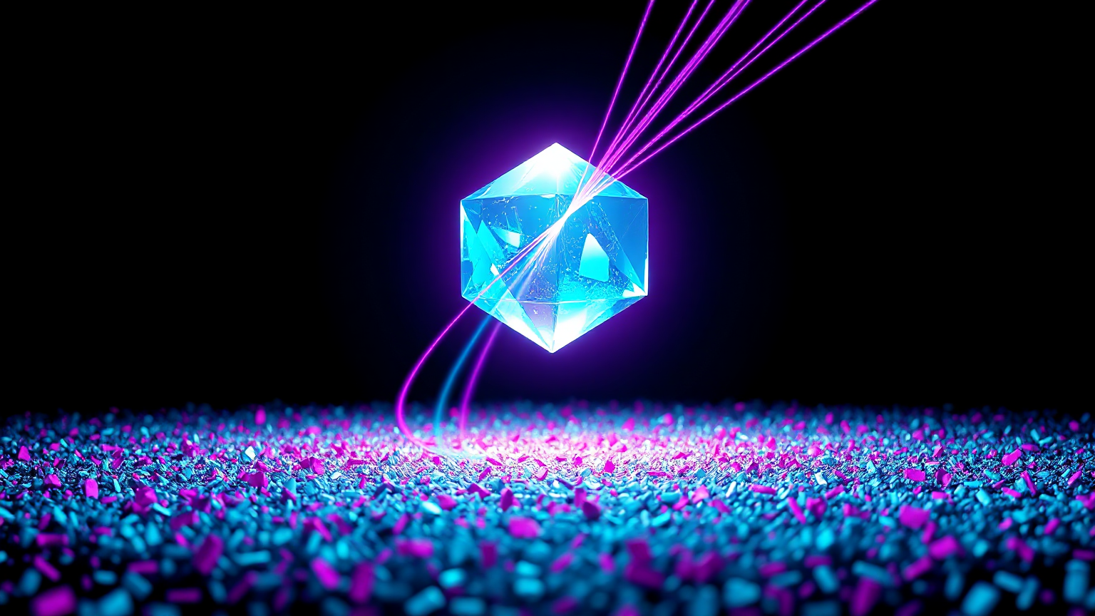 Glowing crystalline brain at the centre of a chaotic data field, knowledge filaments converging from below