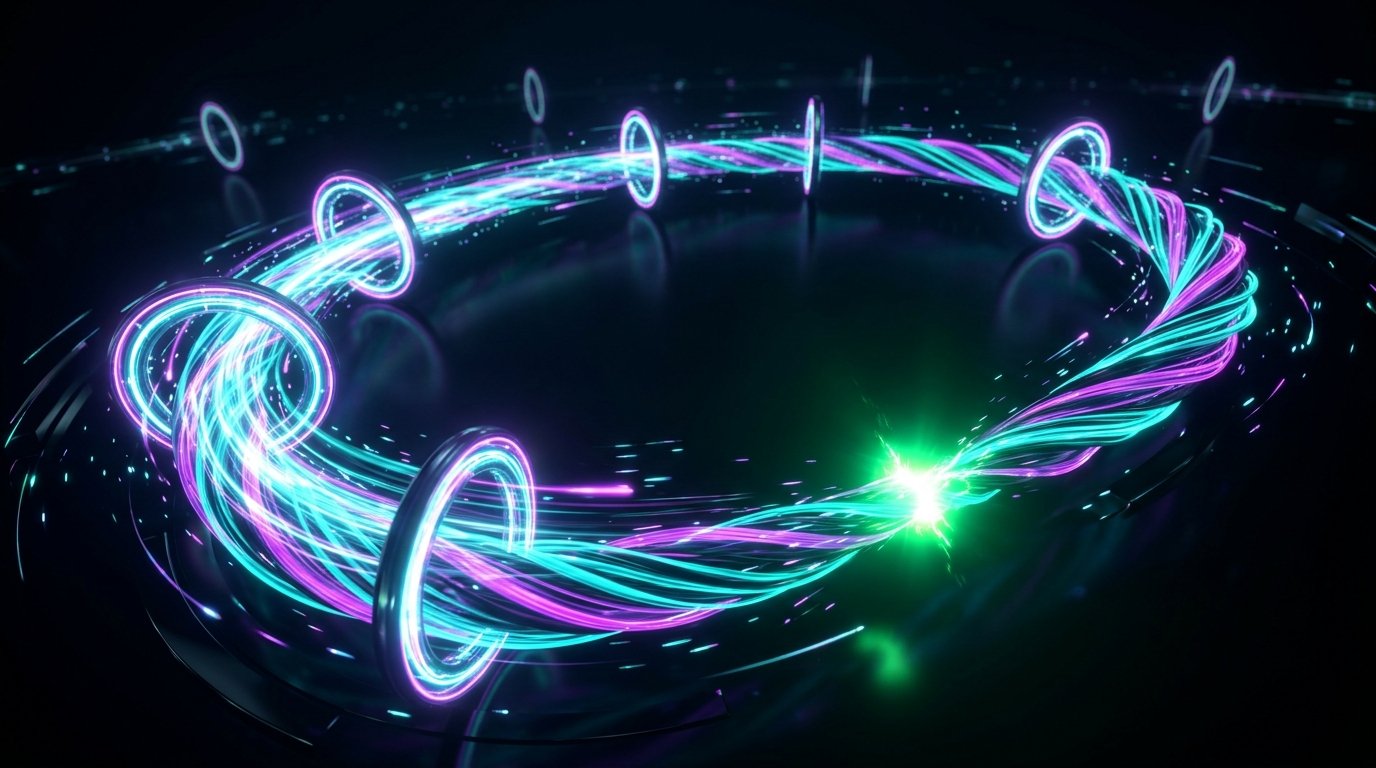 A luminous gated loop of light closing at a bright green spark