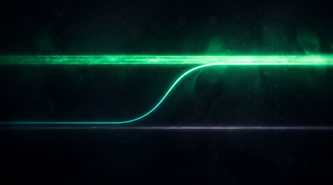 A thin teal filament leaving a faint lower channel of light, bending upward in a clean arc and merging into a wide brilliant emerald channel above