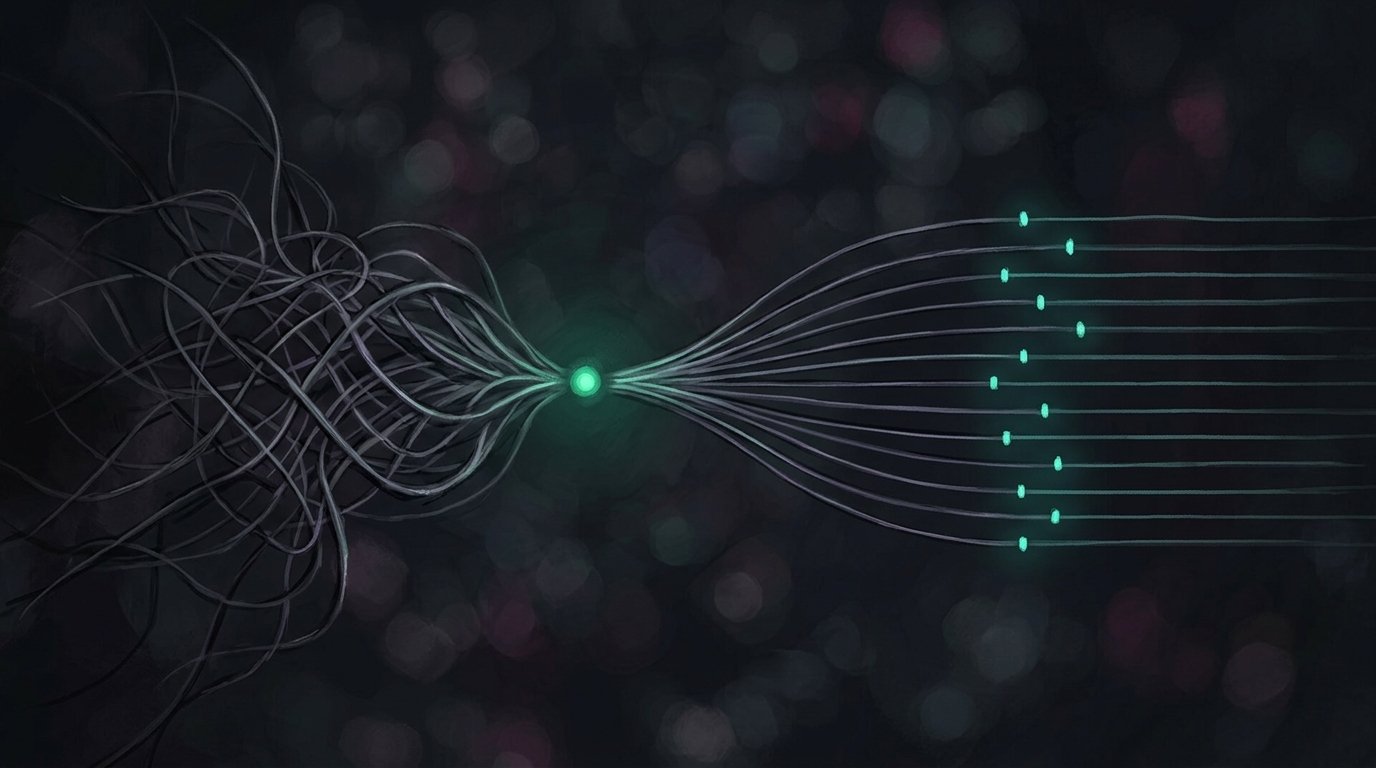 A chaotic tangle of grey and violet threads passing through a small glowing emerald node and emerging straightened, evenly spaced, each carrying a small teal mark