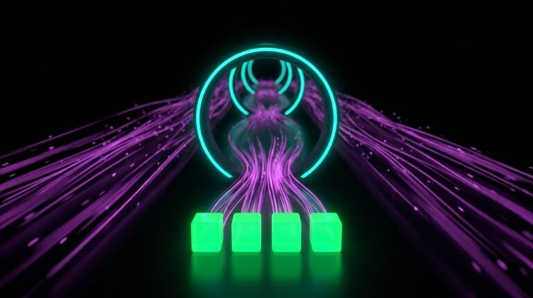 Streams of work converging through a neon review gate into four bright shipped blocks on a black background
